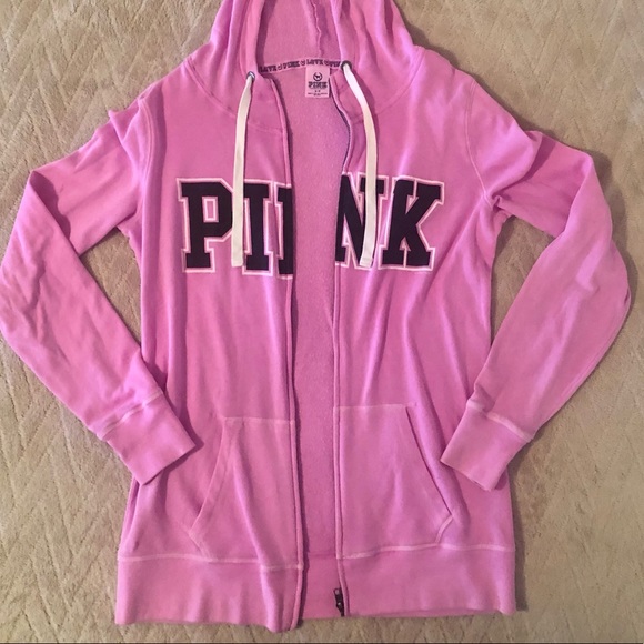 PINK Victoria’s Secret pink zip up hoodie with black lettering in Small - Picture 3 of 7